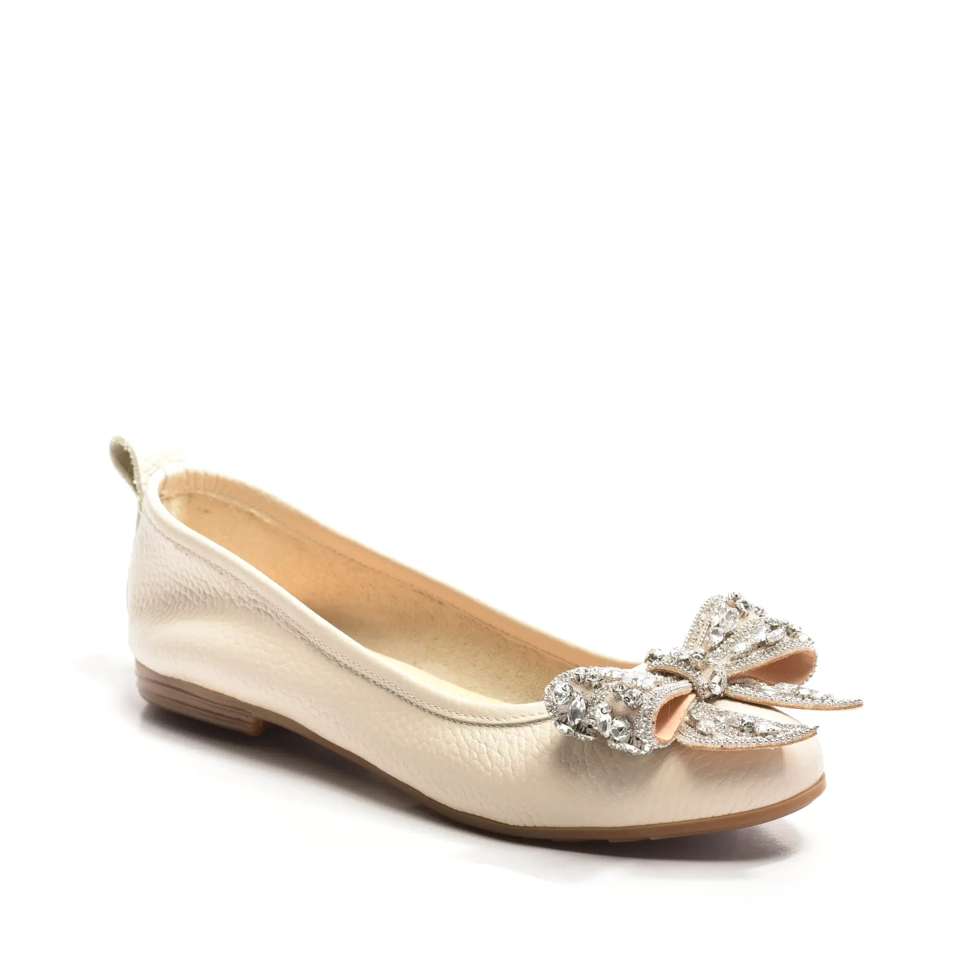 Lisa Crystal Bow Flat in Beige
