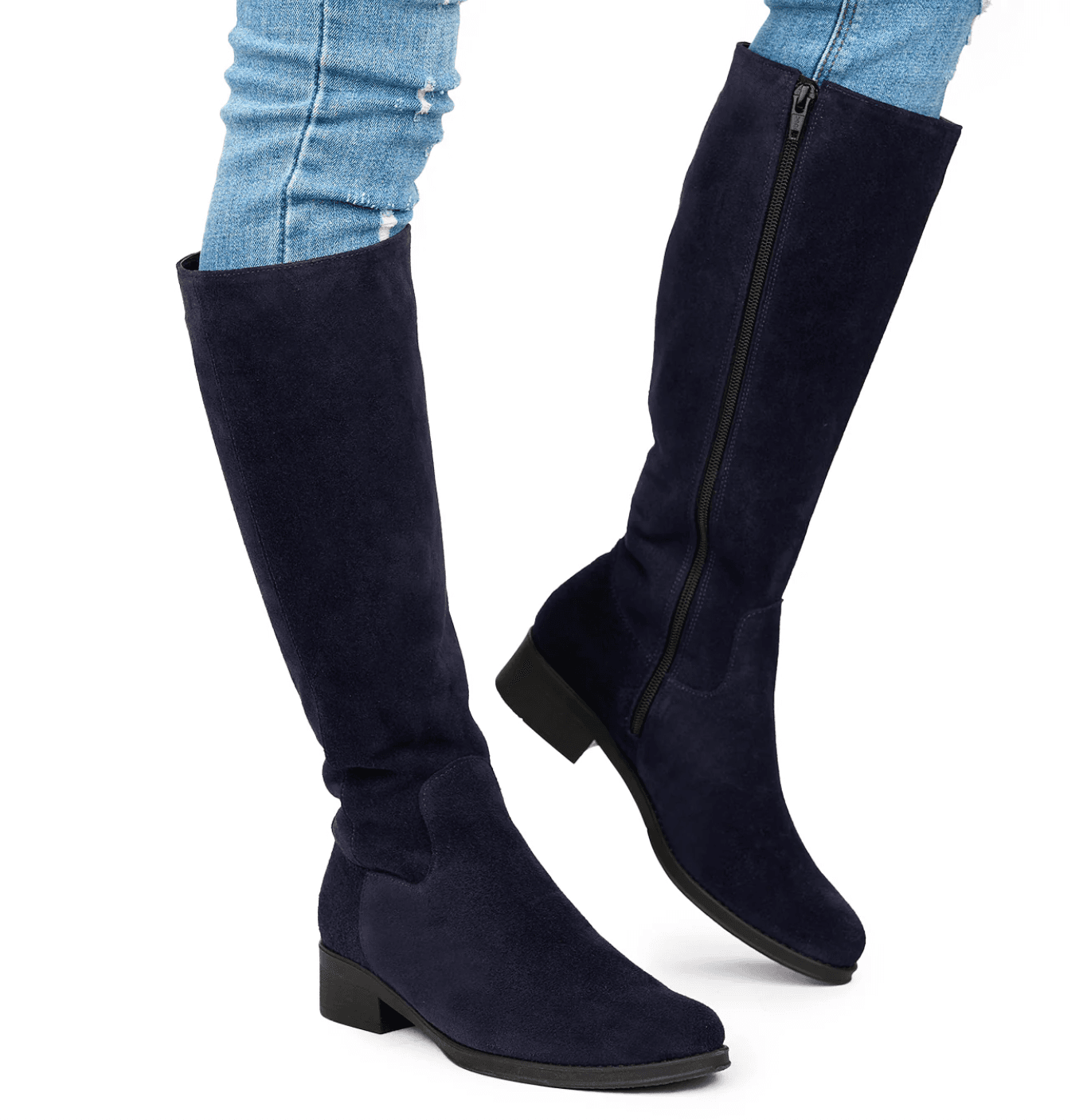 Navy Suede Flat Rider Boot
