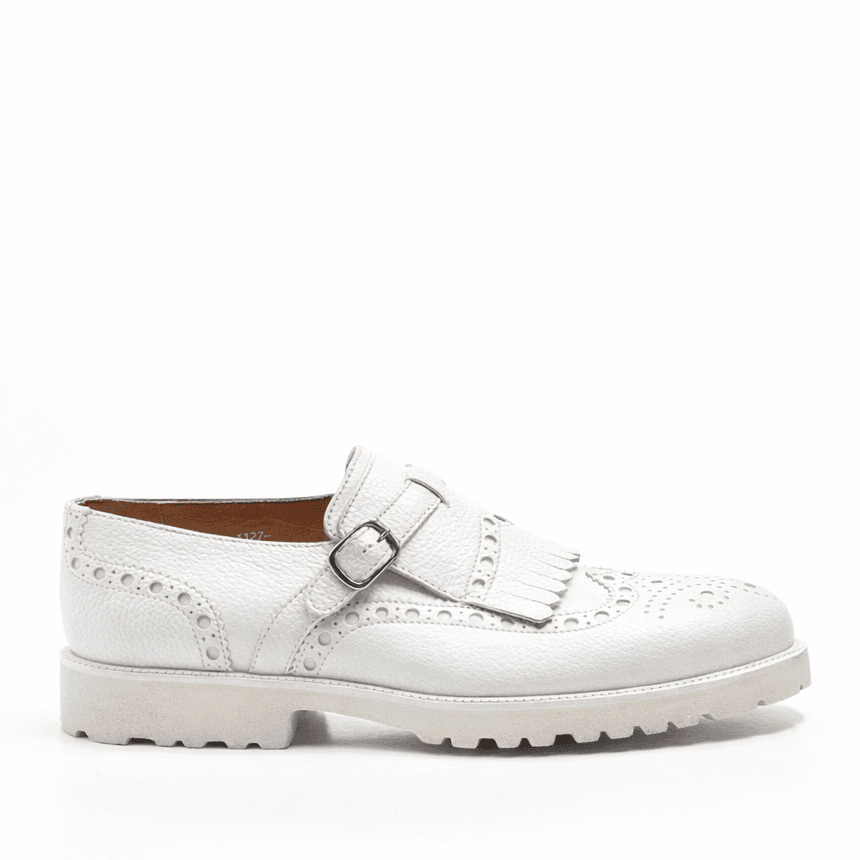 Brogue Fringe Monk Strap in Optic White Pebble-Grain Leather