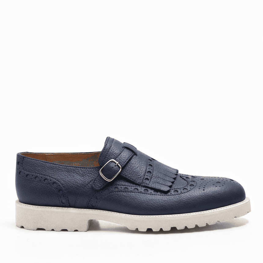 Brogue Fringe Monk Strap in Navy Nappa Leather