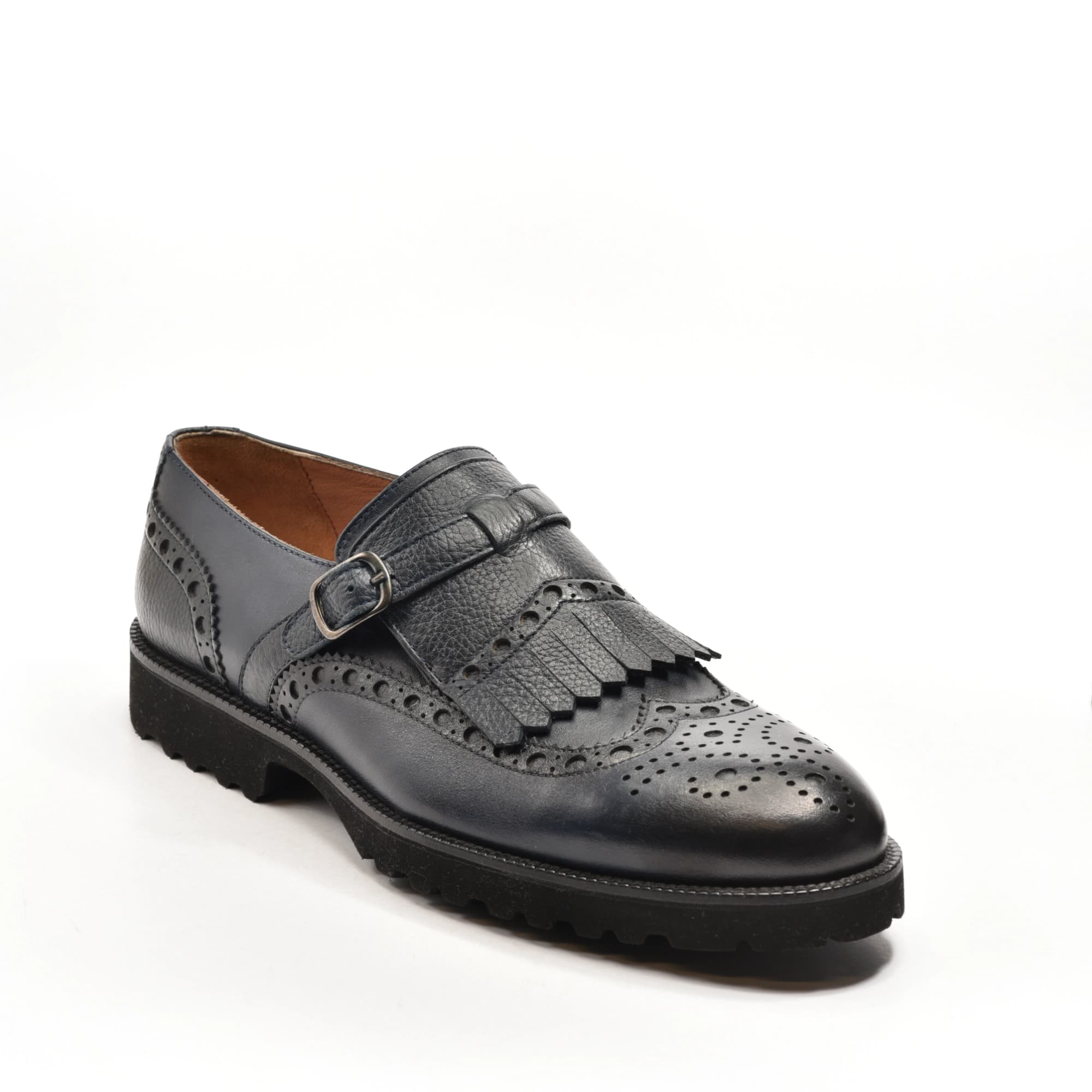 Brogue Fringe Monk Strap in Navy Grained