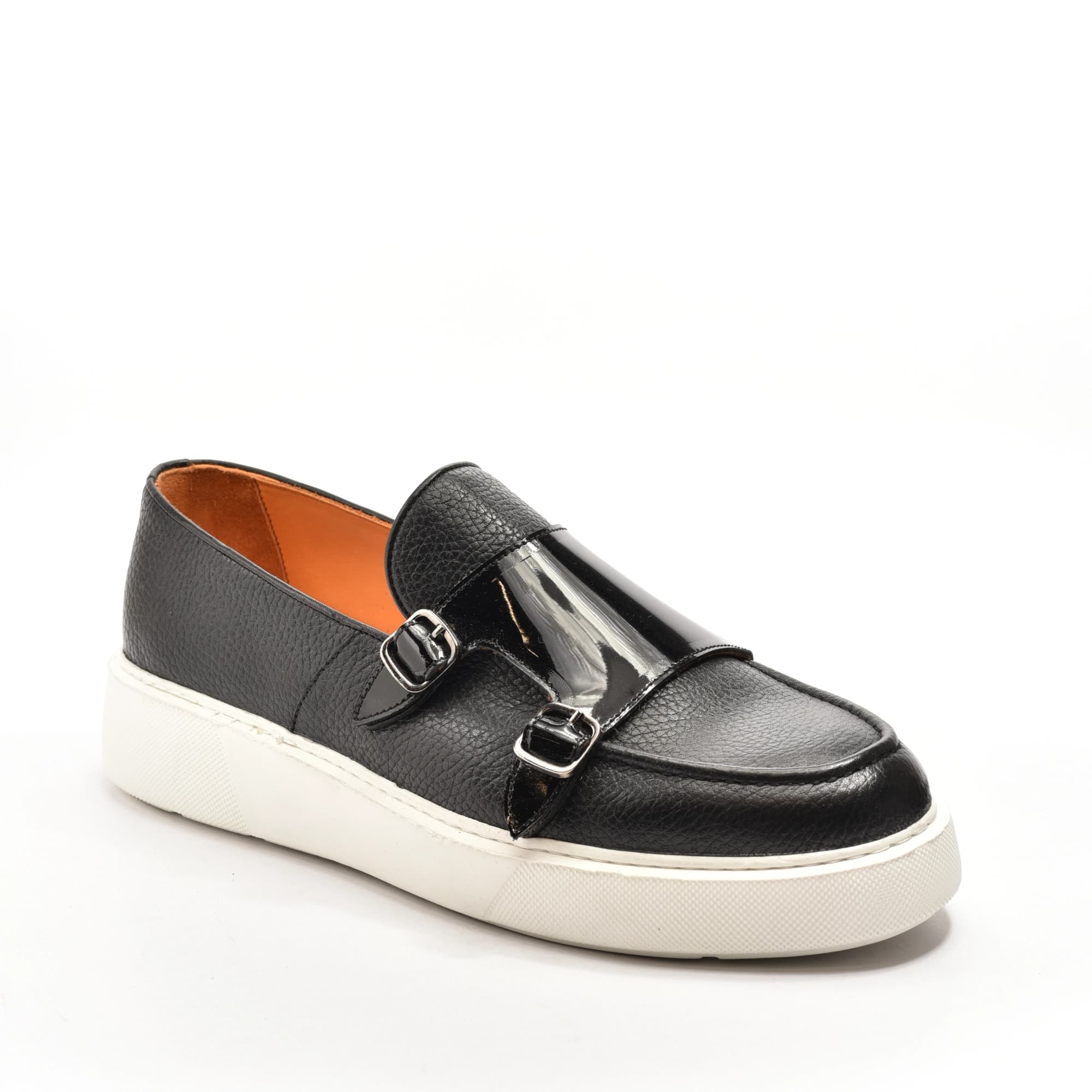 Double-Monk Slip-On Sneaker in Black Grained