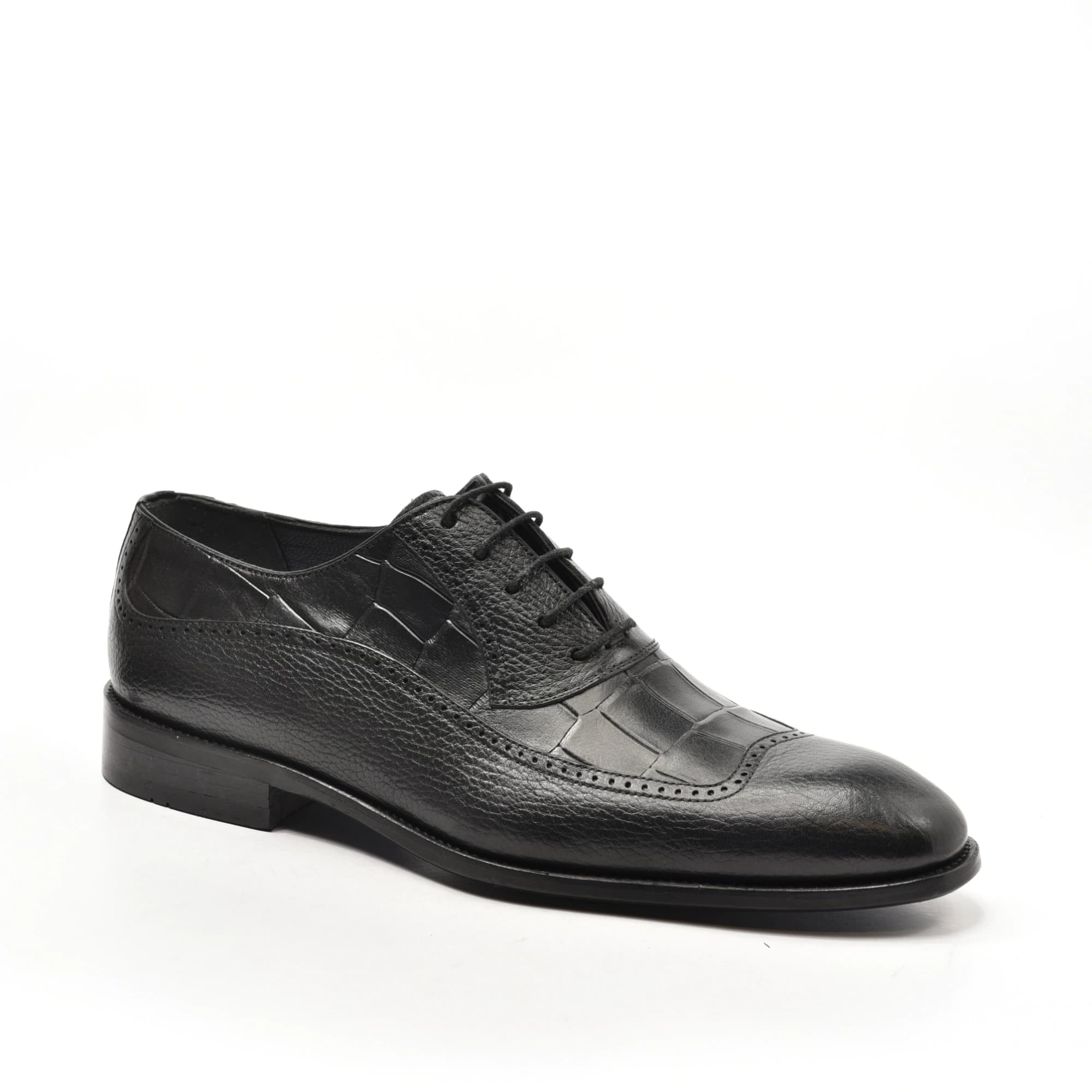 Semi-Brogue Oxford in Black Grained & Croco